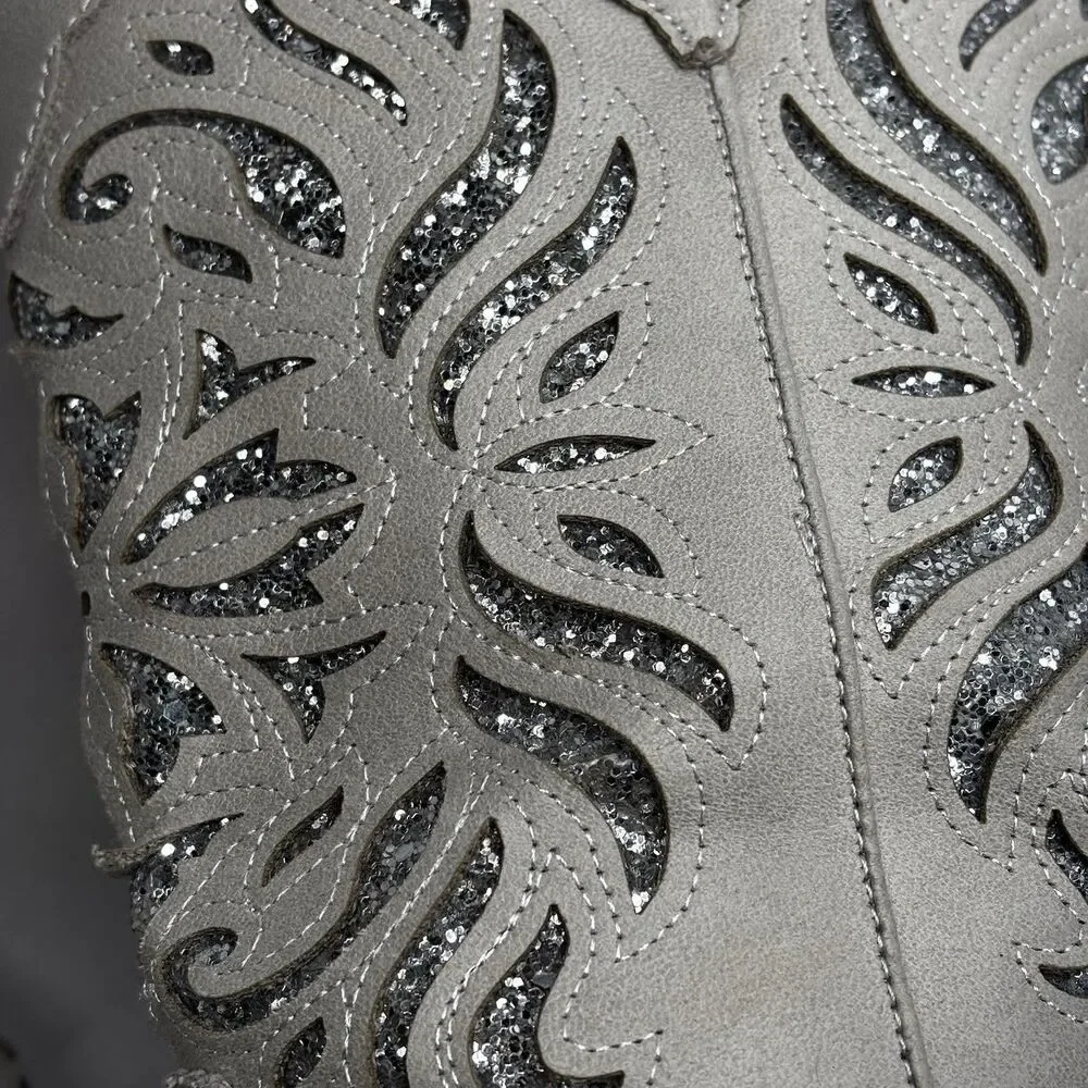 Roper Women’s Riley Glitz Cowboy Boots White Silver Glitter Cutout Snip Toe 7